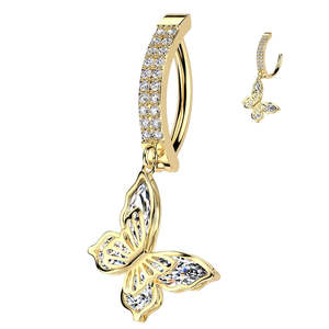 Gold Jewelled Double Line Pave CZ Hinged Belly Button Ring with Butterfly Dangle - 582A