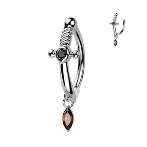 SS316L Jewelled Dagger Hinged Belly Button Ring with Red Marquise Dangle - 583