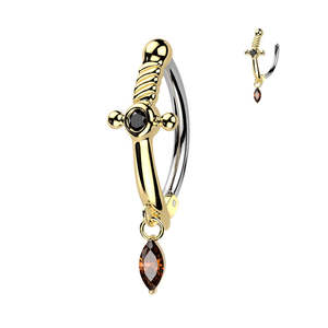 Piercing Jewellery: Gold Jewelled Dagger Hinged Belly Button Ring with Red Marquise Dangle - 583A