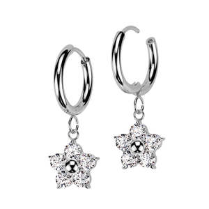 SS316L Hinge Hoop Earrings with CZ Jewelled Flower Dangle (1 pair) - ER13