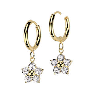 Hinged Rings: Gold Hinge Hoop Earrings with CZ Jewelled Flower Dangle (1 pair) - ER13A