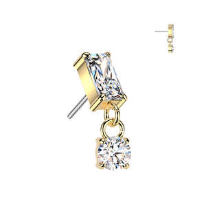 Labret Studs: Titanium Gold Jewelled CZ Rectangle with CZ Dangle Threadless Push In Top (Base Sold Separately) - TT256A