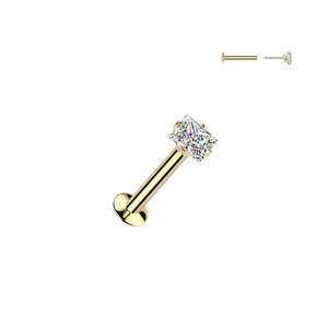 Labret Studs: Gold SS316L Steel Prong Set Jewelled Square CZ Threadless Push In Labret with 18 Gauge - TT257A