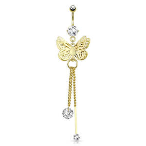 Banana Bars: Gold Laser Cut Royal Butterfly Crystal Jewelled Fancy Banana Bar with CZ Dangles - 516A