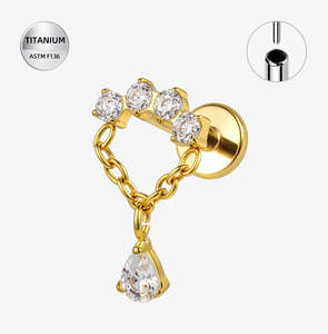 Titanium Gold Four CZ Jewelled Threadless Push In Labret with CZ Tear Drop Dangle - TT270A