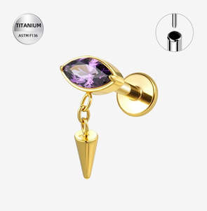 Titanium Gold Amethyst Jewelled Marquise Threadless Push In Labret with Chain Sp&hellip;