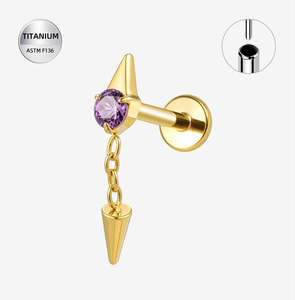 Titanium Gold Amethyst Jewelled Threadless Push In Labret with Chain Spike Dangle - TT273A