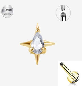 Gold Pvd: Titanium Gold Jewelled Star Internally Threaded Labret - TI-307A