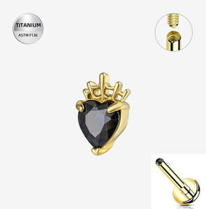 Gold Pvd: Titanium Gold Jet Black Jewelled Crowned Heart Internally Threaded Labret - TI-310A