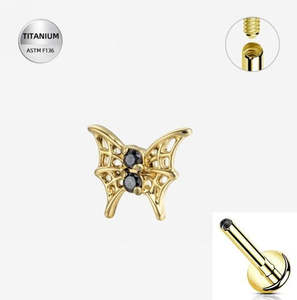 Titanium Gold Jet Black Jewelled Butterfly Internally Threaded Labret - TI-311A
