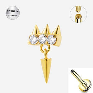 Gold Pvd: Titanium Gold Crystal Jewelled Internally Threaded Labret with Spike Dangle - TI-312A