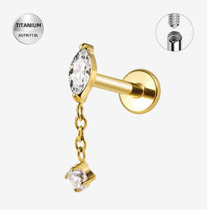 Gold Pvd: Titanium Gold Marquise Jewelled Internally Threaded Labret with CZ Dangle - TI-314A