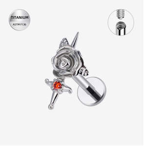 Lobe: Titanium High Polish Rose and Red Jewelled Sword Internally Threaded Labret - TI-302
