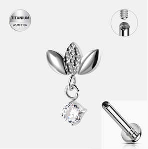 Titanium High Polish Internally Threaded Labret with CZ Jewelled Dangle - TI-309