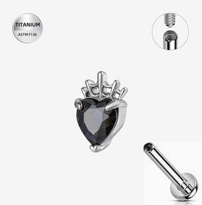Lobe: Titanium High Polish Jet Black Jewelled Crowned Heart Internally Threaded Labret - TI-310