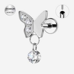 Titanium High Polish Jewelled Butterfly Threadless Push In Labret with CZ Dangle - TT409