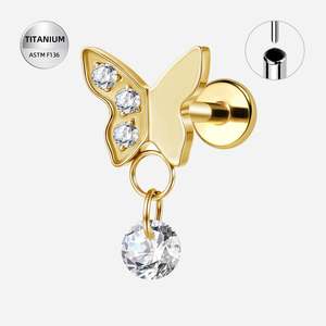 Piercing Jewellery: Titanium Gold Jewelled Butterfly Threadless Push In Labret with CZ Dangle - TT409A