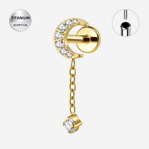 Titanium Gold Jewelled Crescent Moon Threadless Push In Labret with CZ Claw Set &hellip;