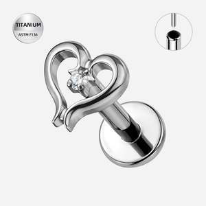Piercing Jewellery: Titanium High Polish CZ Jewelled Heart Threadless Push In Labret - TT411