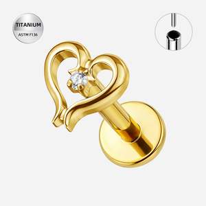 Titanium Gold CZ Jewelled Heart Threadless Push In Labret - TT411A