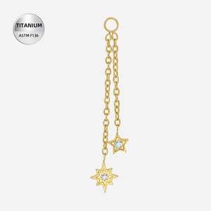 Piercing Jewellery: Titanium Gold Jewelled Stars Chain Dangles Charm for Hinged Ring/Labret - CHARM51A