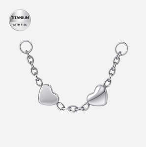Piercing Jewellery: Titanium High Polish Two Hearts Chain Dangle Double Hoop Charm for Hinged Rings/Labrets - CHARM52