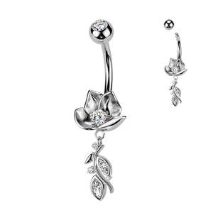Banana Bars: SS316L Jewelled Lotus Flower Fancy Banana Bar with CZ Vine Dangle - 604