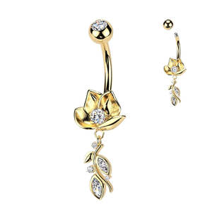Banana Bars: Gold Jewelled Lotus Flower Fancy Banana Bar with CZ Vine Dangle - 604A