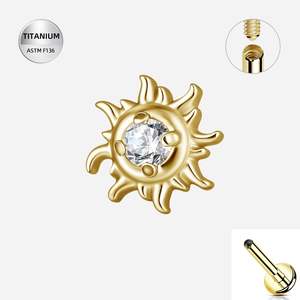 Labret Studs: Titanium Gold Jewelled Sun Internally Threaded Labret - TI-339A