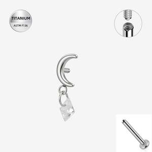 Titanium High Polish Cresent Moon Internally Threaded Labret with Diamond CZ Dangle - TI-340