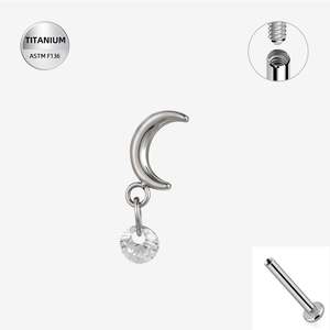 Titanium High Polish Cresent Moon Internally Threaded Labret with Round CZ Dangle - TI-341