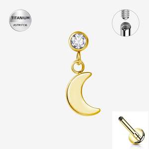 Labret Studs: Titanium Gold CZ Jewelled Internally Threaded Labret with Crescent Moon Dangle - TI-343A