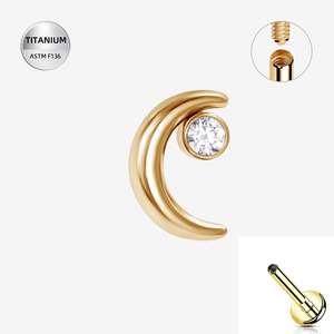 Labret Studs: Titanium Gold CZ Jewelled Crescent Moon Internally Threaded Labret - TI-344A