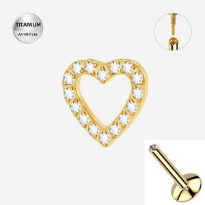 Gold Pvd: Titanium Gold CZ Jewelled Heart Internally Threaded Labret - TI-308A