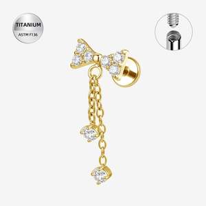 Titanium Gold Jewelled Bowtie Internally Threaded Labret with CZ Chain Dangles - TI-332A