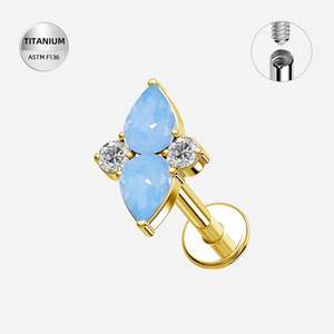 Gold Pvd: Titanium Gold Iridescent Blue & CZ Jewelled Internally Threaded Labret - TI-333A