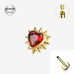 Titanium Gold Red Jewelled Heart Internally Threaded Labret - TI-335A
