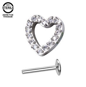 Titanium High Polish CZ Jewelled Heart Internally Threaded Labret - TI-308