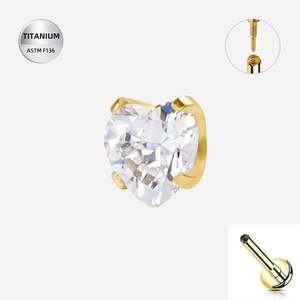 Piercing Jewellery: Titanium Gold Claw Set Jewelled Heart Internally Threaded Labret - TI-369A