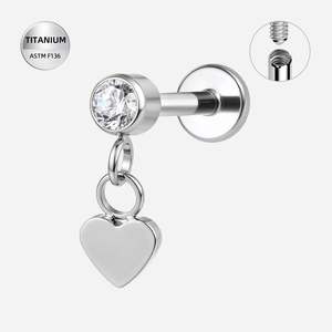 Titanium High Polish Jewelled Internally Threaded Labret with Heart Dangle - TI-359