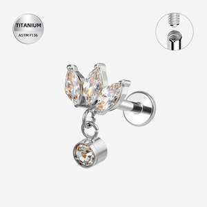 Titanium High Polish Marquise Jewelled Internally Threaded Labret with CZ Dangle - TI-361