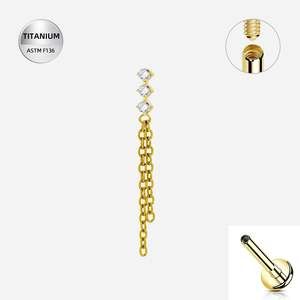 Titanium Gold Triple CZ Jewelled Internally Threaded Labret with Chain Dangles - TI-362A