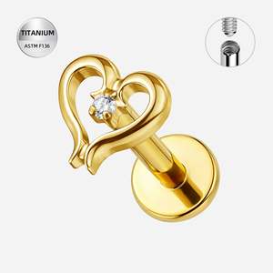 Piercing Jewellery: Titanium Gold Jewelled Heart Internally Threaded Labret - TI-363A