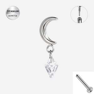 Piercing Jewellery: Titanium High Polish Crescent Moon Internally Threaded Labret with CZ Dangle - TI-365