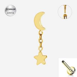 Titanium Gold Crescent Moon Internally Threaded Labret with Star Dangle - TI-367A
