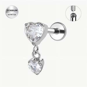 Titanium High Polish CZ Jewelled Prong Heart Internally Threaded Labret with CZ &hellip;