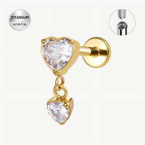 Titanium Gold CZ Jewelled Prong Heart Internally Threaded Labret with CZ Heart D&hellip;