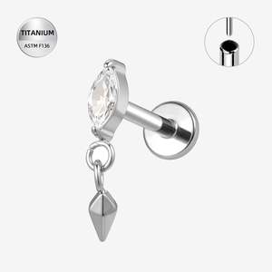 Titanium High Polish Marquise Jewelled Threadless Push In Labret with Dangle - TT416