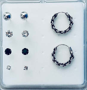 925 Sterling Silver Ear Stud Box Set (4 pairs) with Pair of Hoop Earrings Included - SS434