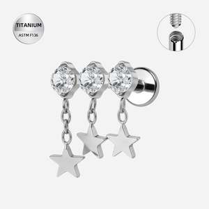 Piercing Jewellery: Titanium High Polish Triple Round CZ Jewelled Internally Threaded Labret with Star Dangles - TI-347